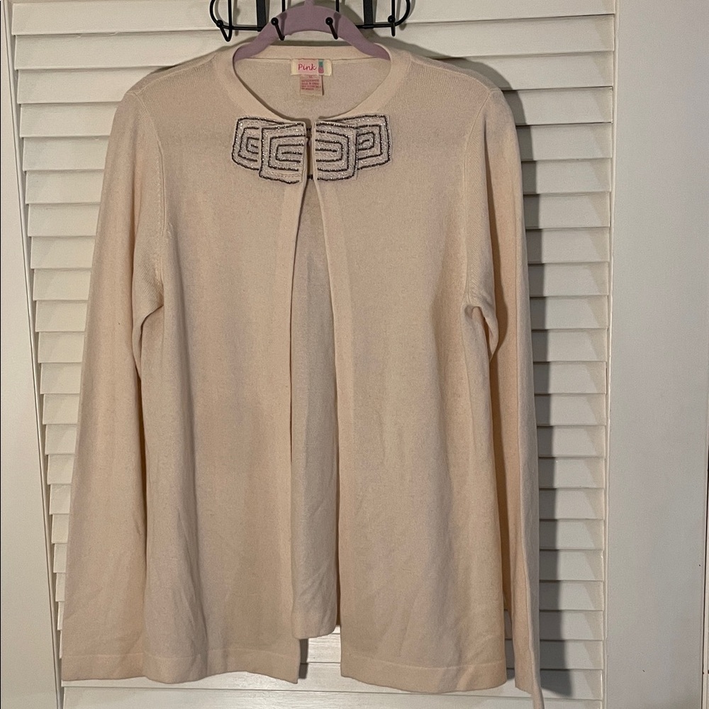 Pink Pineapple Beige Cashmere Beaded Front Hook Detail Lightweight Cardigan